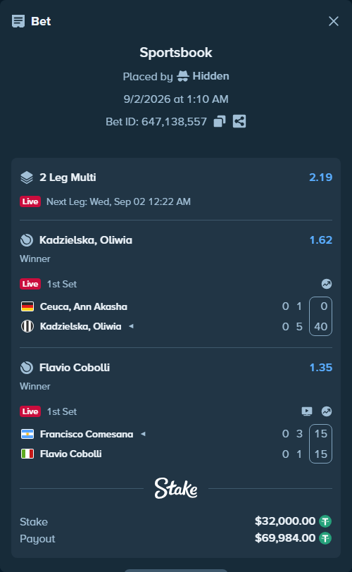 Bet slip: Francisco Comesana - Flavio Cobolli, $32,000.00 stake at 1.35 odds, placed by Hidden