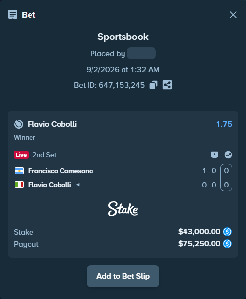 Bet slip: Francisco Comesana - Flavio Cobolli, $43,000.00 stake at 1.75 odds, placed by 12quant
