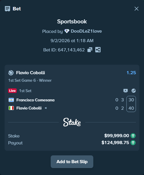 Bet slip: Francisco Comesana - Flavio Cobolli, $99,999.00 stake at 1.25 odds, placed by DooDLeZ1love