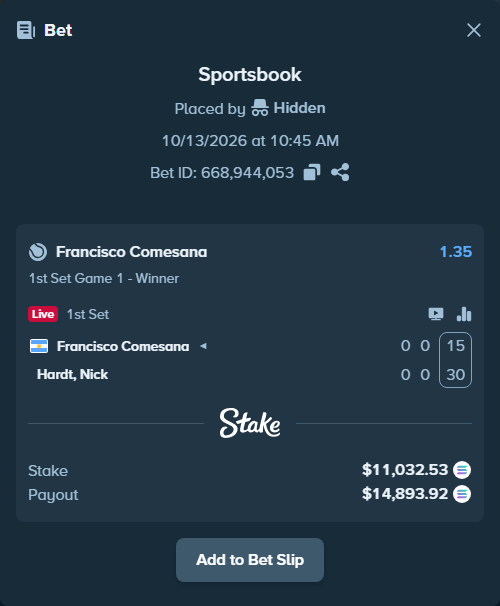 Bet slip: Francisco Comesana - Hardt, Nick, $10,930.61 stake at 1.35 odds, placed by Prettylfacko98