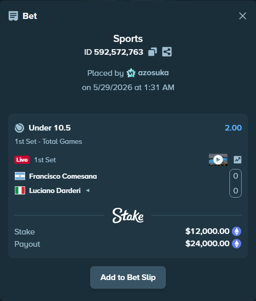 Bet slip: Francisco Comesana - Luciano Darderi, $10,455.87 stake at 2.00 odds, placed by azosuka