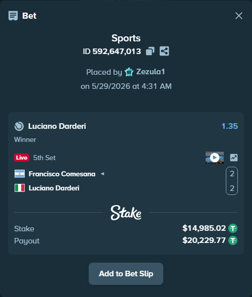 Bet slip: Francisco Comesana - Luciano Darderi, $15,000.00 stake at 1.35 odds, placed by Zezula1