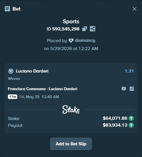 Bet slip: Francisco Comesana - Luciano Darderi, $64,200.00 stake at 1.31 odds, placed by diomancy