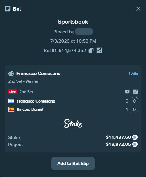 Bet slip: Francisco Comesana - Rincon, Daniel, $11,538.28 stake at 1.65 odds, placed by Prettylfacko98