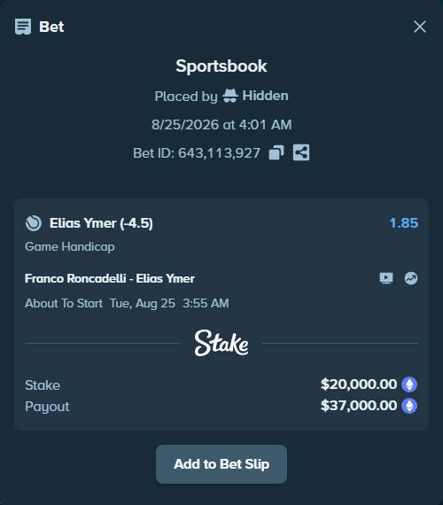 Bet slip: Franco Roncadelli - Elias Ymer, $20,074.14 stake at 1.85 odds, placed by Hidden