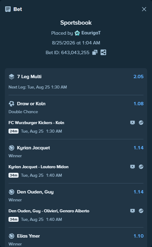Bet slip: Franco Roncadelli - Elias Ymer, $70,000.00 stake at 1.10 odds, placed by EaurigaT