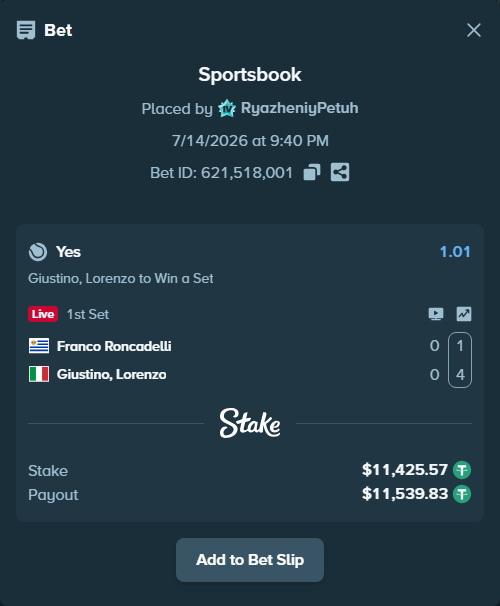 Bet slip: Franco Roncadelli - Giustino, Lorenzo, $11,437.00 stake at 1.01 odds, placed by RyazheniyPetuh