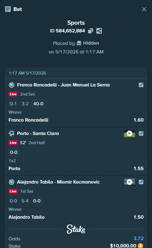 Bet slip: Franco Roncadelli - Juan Manuel La Serna, $8,215.94 stake at 1.60 odds, placed by Hidden