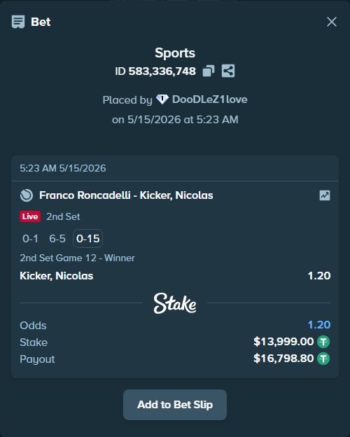 Bet slip: Franco Roncadelli - Kicker, Nicolas, $13,999.00 stake at 1.20 odds, placed by DooDLeZ1love