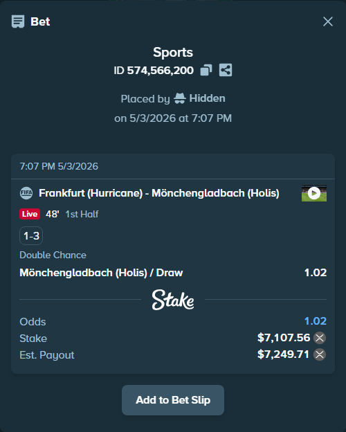 Bet slip: Frankfurt (Hurricane) - Mönchengladbach (Holis), $5,891.60 stake at 1.02 odds, placed by Hidden