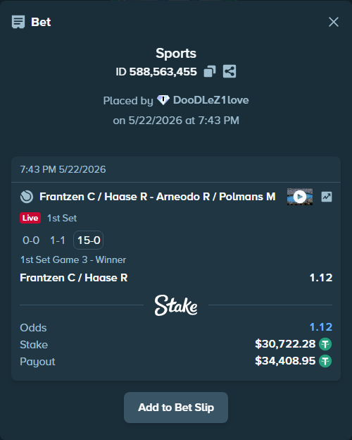 Bet slip: Frantzen C / Haase R - Arneodo R / Polmans M, $30,753.00 stake at 1.12 odds, placed by DooDLeZ1love