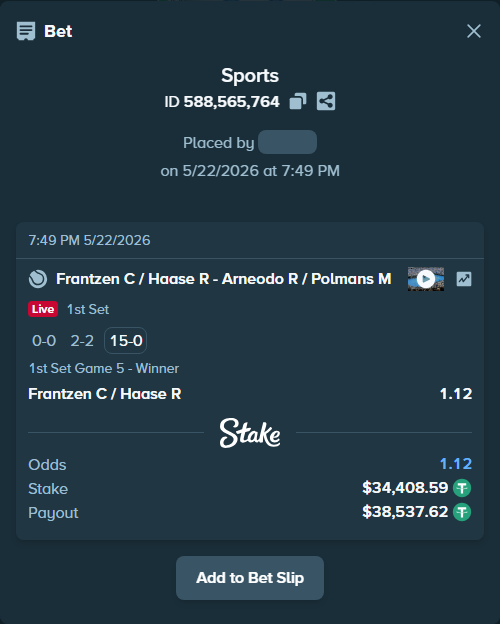 Bet slip: Frantzen C / Haase R - Arneodo R / Polmans M, $34,443.00 stake at 1.12 odds, placed by DooDLeZ1love