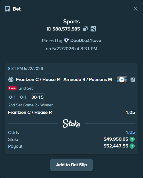 Bet slip: Frantzen C / Haase R - Arneodo R / Polmans M, $50,000.00 stake at 1.05 odds, placed by DooDLeZ1love