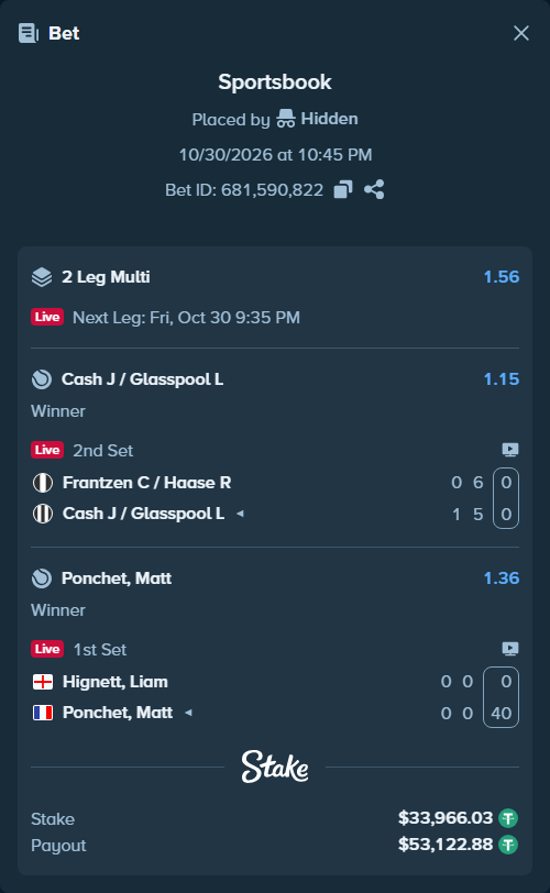 Bet slip: Frantzen C / Haase R - Cash J / Glasspool L, $34,000.00 stake at 1.15 odds, placed by Hidden