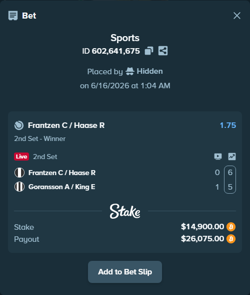 Bet slip: Frantzen C / Haase R - Goransson A / King E, $14,396.92 stake at 1.75 odds, placed by Hidden