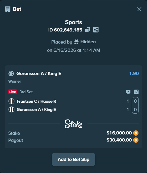 Bet slip: Frantzen C / Haase R - Goransson A / King E, $15,439.20 stake at 1.90 odds, placed by Hidden