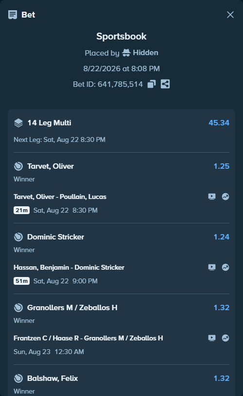 Bet slip: Frantzen C / Haase R - Granollers M / Zeballos H, $20,000.00 stake at 1.32 odds, placed by Hidden
