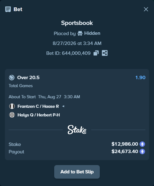 Bet slip: Frantzen C / Haase R - Halys Q / Herbert P-H, $13,210.88 stake at 1.90 odds, placed by Hidden