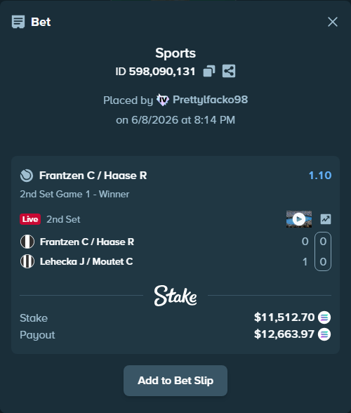 Bet slip: Frantzen C / Haase R - Lehecka J / Moutet C, $12,829.34 stake at 1.10 odds, placed by Prettylfacko98