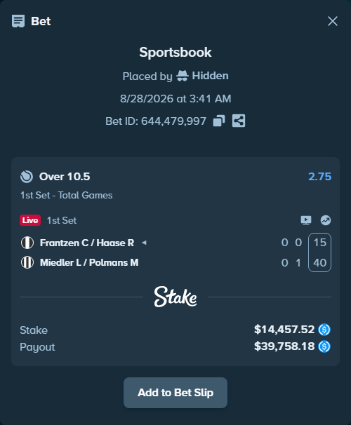 Bet slip: Frantzen C / Haase R - Miedler L / Polmans M, $14,457.52 stake at 2.75 odds, placed by Hidden
