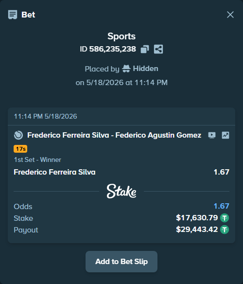 Bet slip: Frederico Ferreira Silva - Federico Agustin Gomez, $17,630.79 stake at 1.67 odds, placed by Hidden