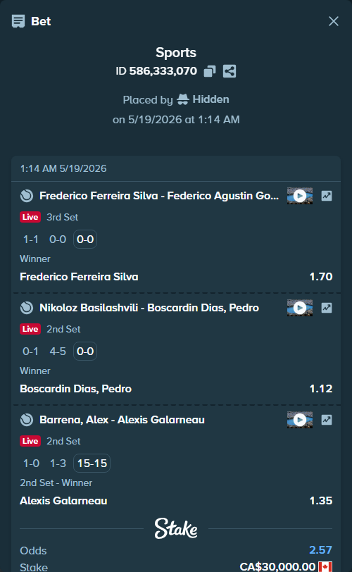 Bet slip: Frederico Ferreira Silva - Federico Agustin Gomez, $22,200.00 stake at 1.70 odds, placed by Hidden