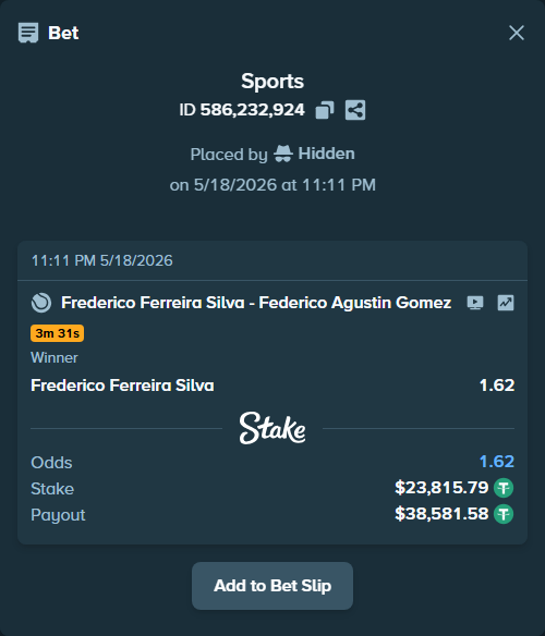 Bet slip: Frederico Ferreira Silva - Federico Agustin Gomez, $23,815.79 stake at 1.62 odds, placed by Hidden
