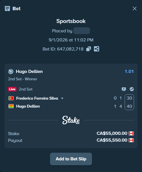 Bet slip: Frederico Ferreira Silva - Hugo Dellien, $40,700.00 stake at 1.01 odds, placed by Zach0919