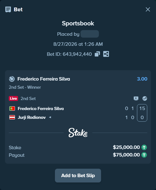 Bet slip: Frederico Ferreira Silva - Jurji Rodionov, $25,000.00 stake at 3.00 odds, placed by ayoflasher