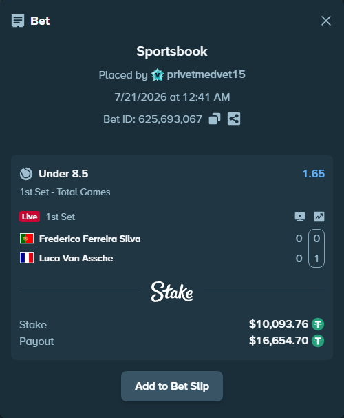 Bet slip: Frederico Ferreira Silva - Luca Van Assche, $10,103.85 stake at 1.65 odds, placed by privetmedvet15