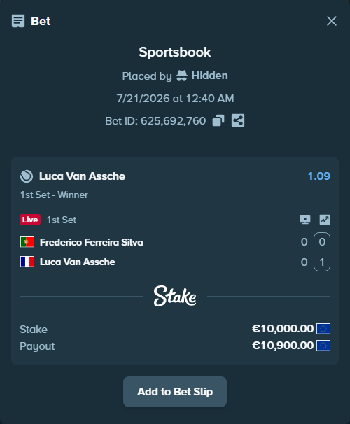Bet slip: Frederico Ferreira Silva - Luca Van Assche, $10,800.00 stake at 1.09 odds, placed by Hidden