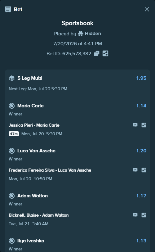 Bet slip: Frederico Ferreira Silva - Luca Van Assche, $125,125.00 stake at 1.20 odds, placed by Hidden