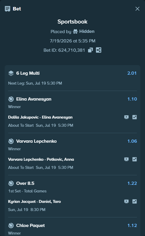 Bet slip: Frederico Ferreira Silva - Luca Van Assche, $75,000.00 stake at 1.19 odds, placed by Hidden