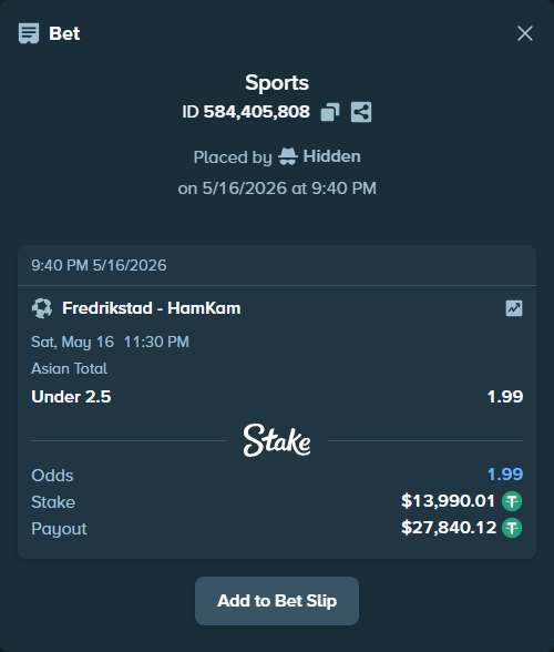Bet slip: Fredrikstad - HamKam, $14,004.00 stake at 1.99 odds, placed by Hidden