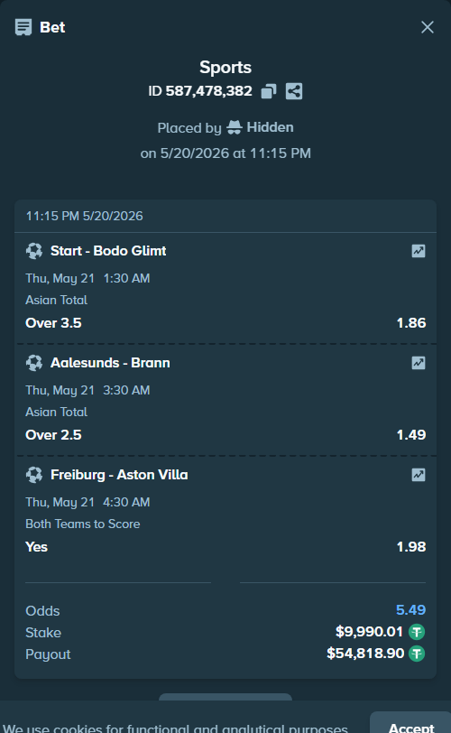 Bet slip: Freiburg - Aston Villaocc, $10,000.00 stake at 1.98 odds, placed by Hidden
