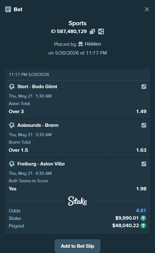 Bet slip: Freiburg - Aston Villaocc, $10,000.00 stake at 1.98 odds, placed by Hidden
