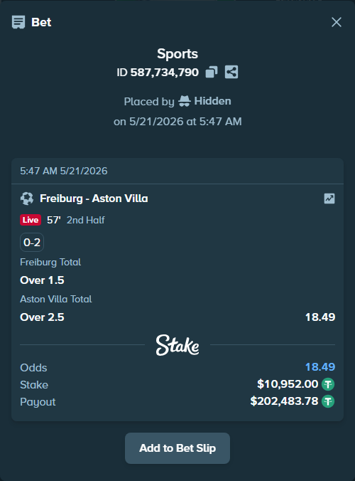 Bet slip: Freiburg - Aston Villaocc, $10,962.95 stake at 8.25 odds, placed by Hidden