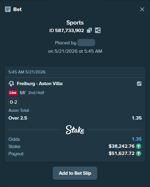 Bet slip: Freiburg - Aston Villaocc, $38,281.00 stake at 1.35 odds, placed by Jackpoor