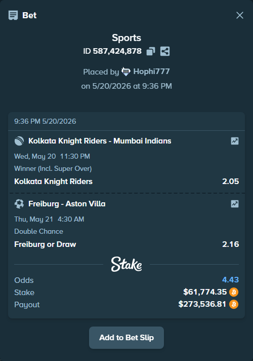 Bet slip: Freiburg - Aston Villaocc, $51,308.53 stake at 2.16 odds, placed by Hophi777