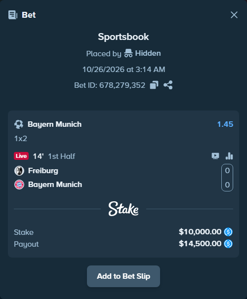 Bet slip: Freiburg - Bayern Munich, $10,000.00 stake at 1.45 odds, placed by blominj