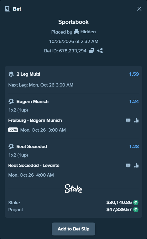 Bet slip: Freiburg - Bayern Munich, $30,171.00 stake at 1.24 odds, placed by Hidden