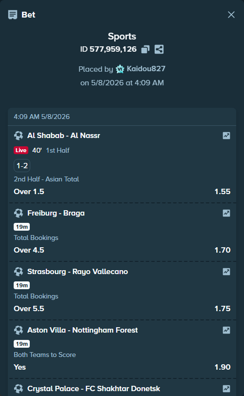 Bet slip: Freiburg - Braga, $11,593.00 stake at 1.70 odds, placed by Kaidou827