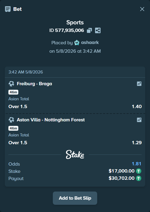 Bet slip: Freiburg - Braga, $17,000.00 stake at 1.40 odds, placed by ashaark