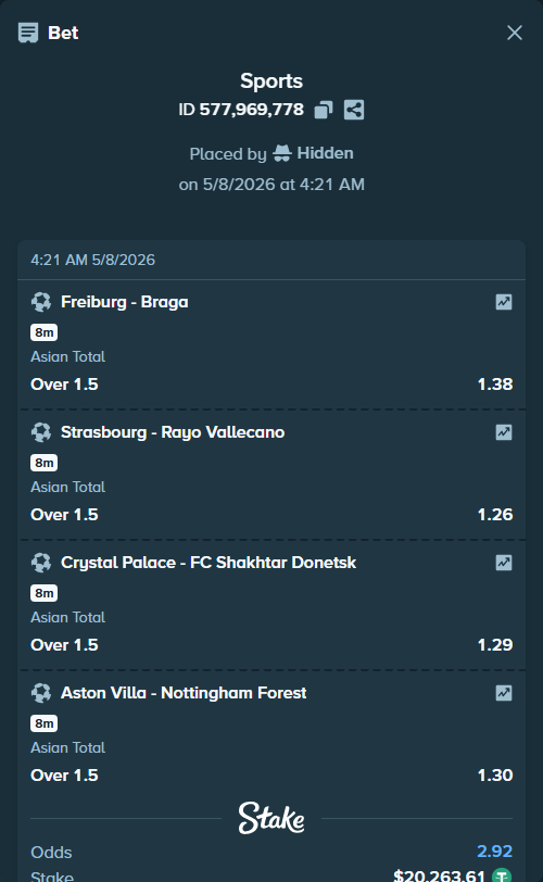 Bet slip: Freiburg - Braga, $20,263.61 stake at 1.38 odds, placed by Hidden