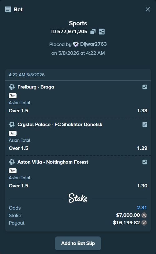 Bet slip: Freiburg - Braga, $5,771.04 stake at 1.38 odds, placed by Dijwar2763
