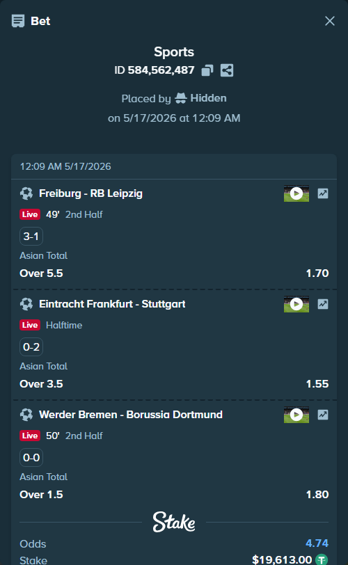 Bet slip: Freiburg - RB Leipzig, $19,632.61 stake at 1.70 odds, placed by Hidden