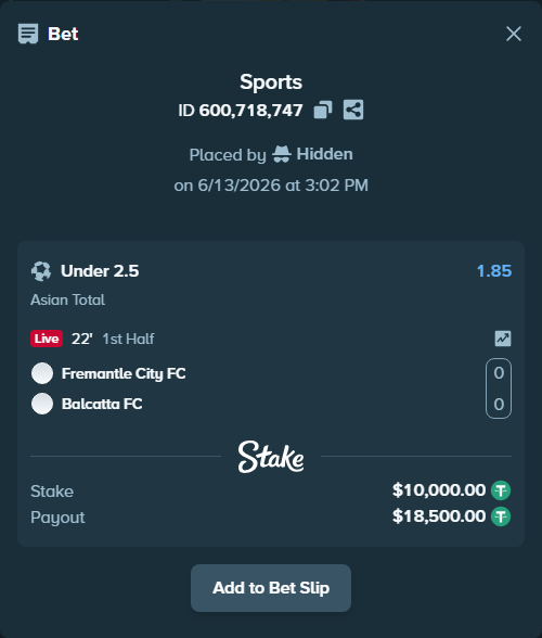 Bet slip: Fremantle City FC - Balcatta FC, $10,010.00 stake at 1.85 odds, placed by Hidden