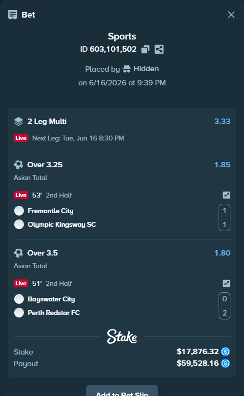 Bet slip: Fremantle City - Olympic Kingsway SC, $17,876.32 stake at 1.85 odds, placed by Hidden