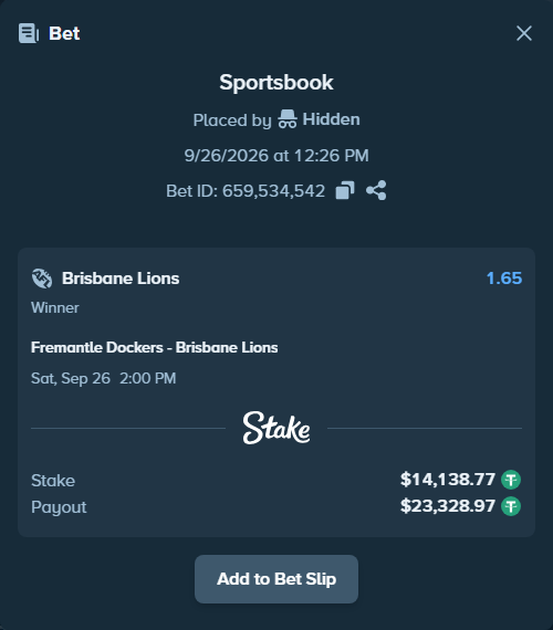 Bet slip: Fremantle Dockers - Brisbane Lions, $14,138.77 stake at 1.65 odds, placed by theoutlaw