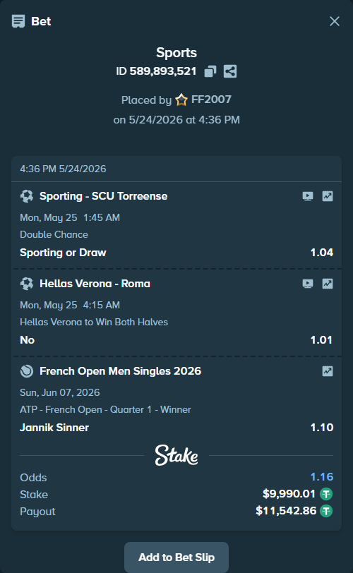 Bet slip: French Open Men Singles 2026, $10,000.00 stake at 1.10 odds, placed by FF2007